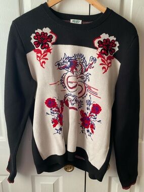 KENZO Black Red Asian Inspired Dragon Jacquard Wool Blend Jumper Sweater XL
